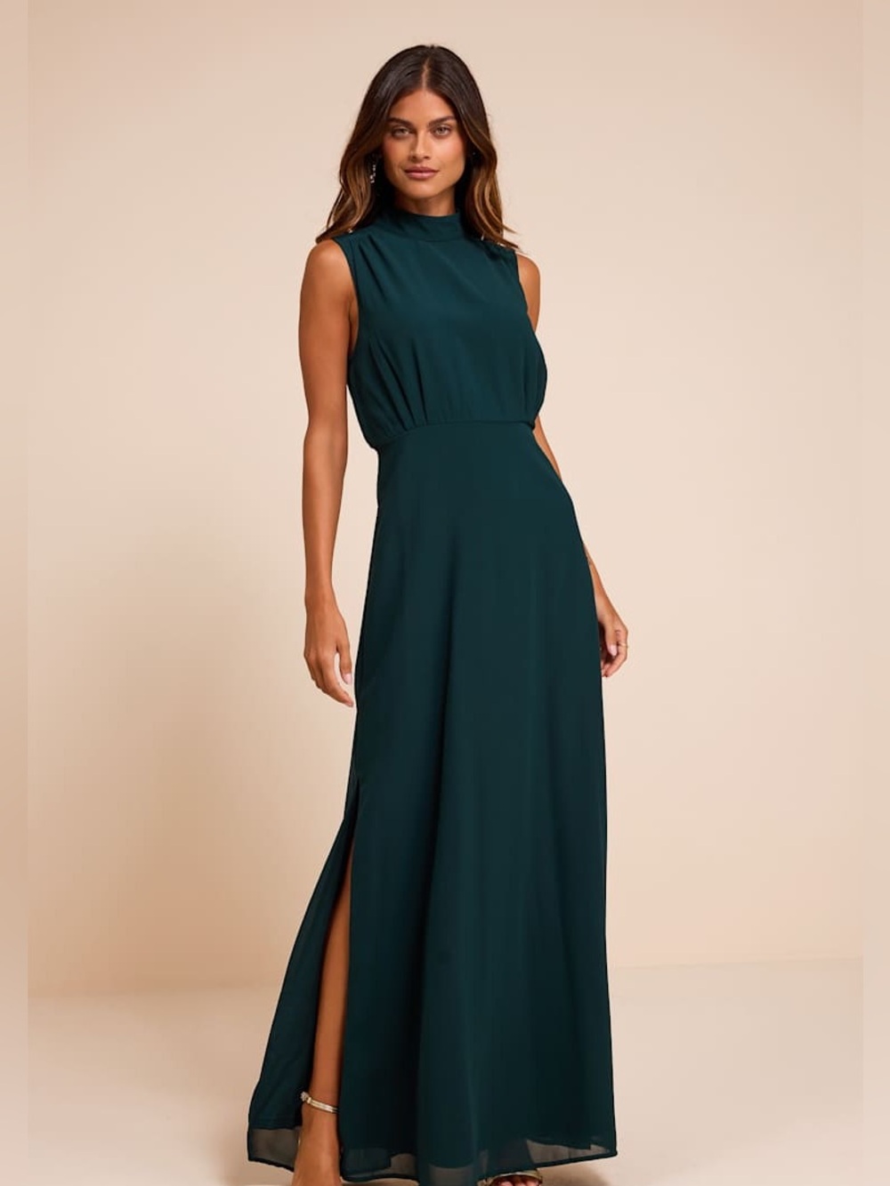 NWT Lulus Classic Elegance Emerald Chiffon Sleeveless Mock Neck Maxi Dress